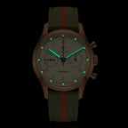 Seagull 1963 Bronze Lume 40mm in the dark, twelve hour dots and the blued hands glowing green