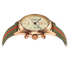Seagull 1963 Bronze Lume 40mm tilted from the crown side, star crown and two bronze pushers