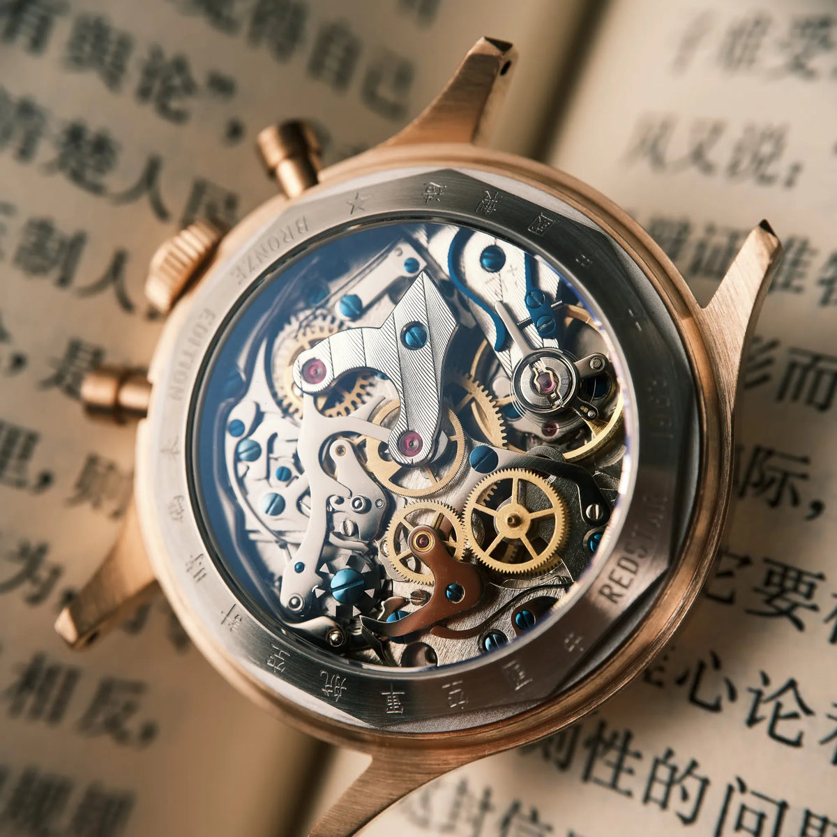Seagull 1963 Bronze Lume caseback at an angle on an open book, ST1901 movement and swan neck regulator behind glass