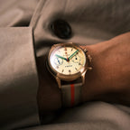 Seagull 1963 Bronze Lume on the wrist under a khaki coat cuff, green lume showing on the hands