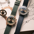 Seagull 1963 Icon II Blue and the green bronze version laid over the pencil design sketches