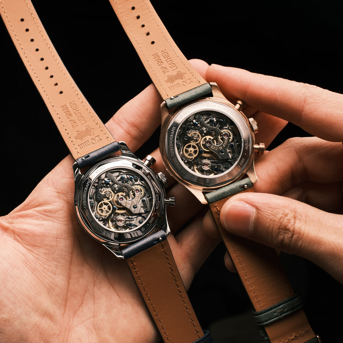 Seagull 1963 Icon II Blue caseback held beside the bronze version, strap lining embossed 20mm