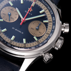 Seagull 1963 Icon II Blue dial macro at the 30-minute counter, sand-textured subdial and lumed batons