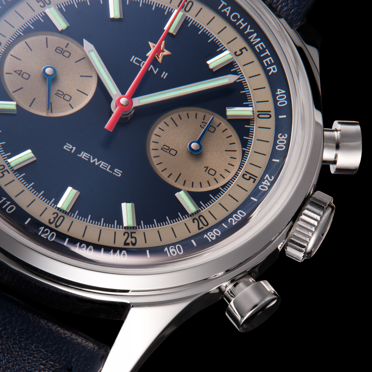 Seagull 1963 Icon II Blue dial macro at the 30-minute counter, sand-textured subdial and lumed batons