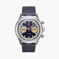 Seagull 1963 Icon II Blue front packshot, blue sunburst dial, cream subdials, polished steel case