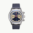 Seagull 1963 Icon II Blue front packshot, blue sunburst dial, cream subdials, polished steel case