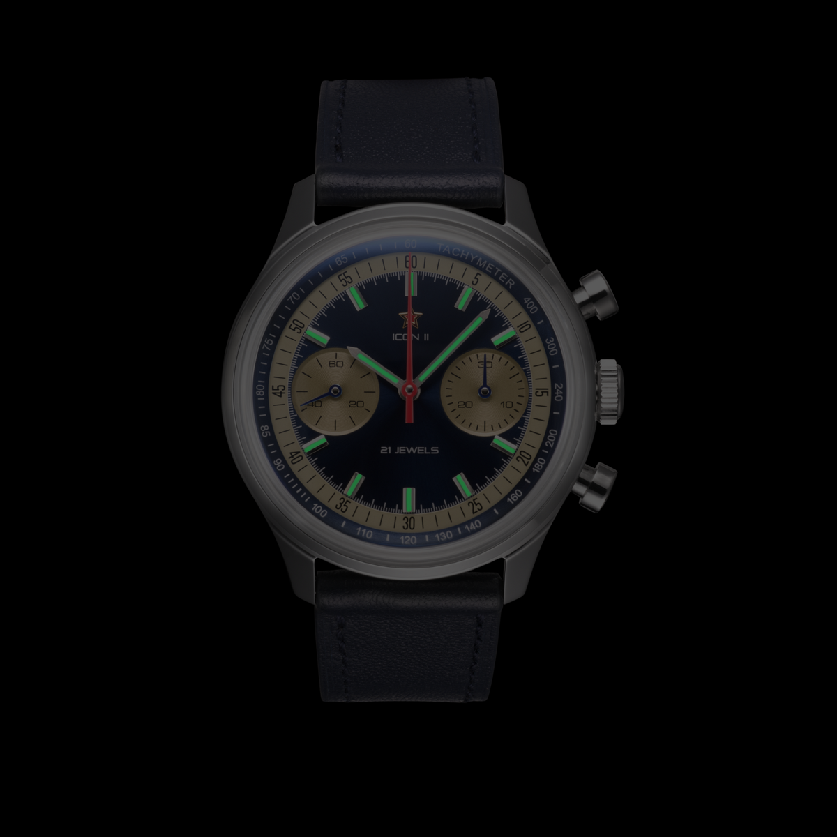 Seagull 1963 Icon II Blue in the dark, green lume on the steel batons and the hour and minute hands
