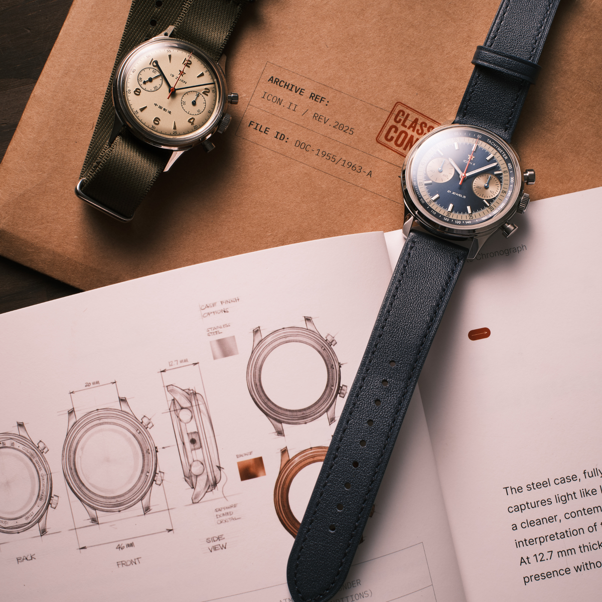 Seagull 1963 Icon II Blue resting on the open Collector's Archive book of case drawings