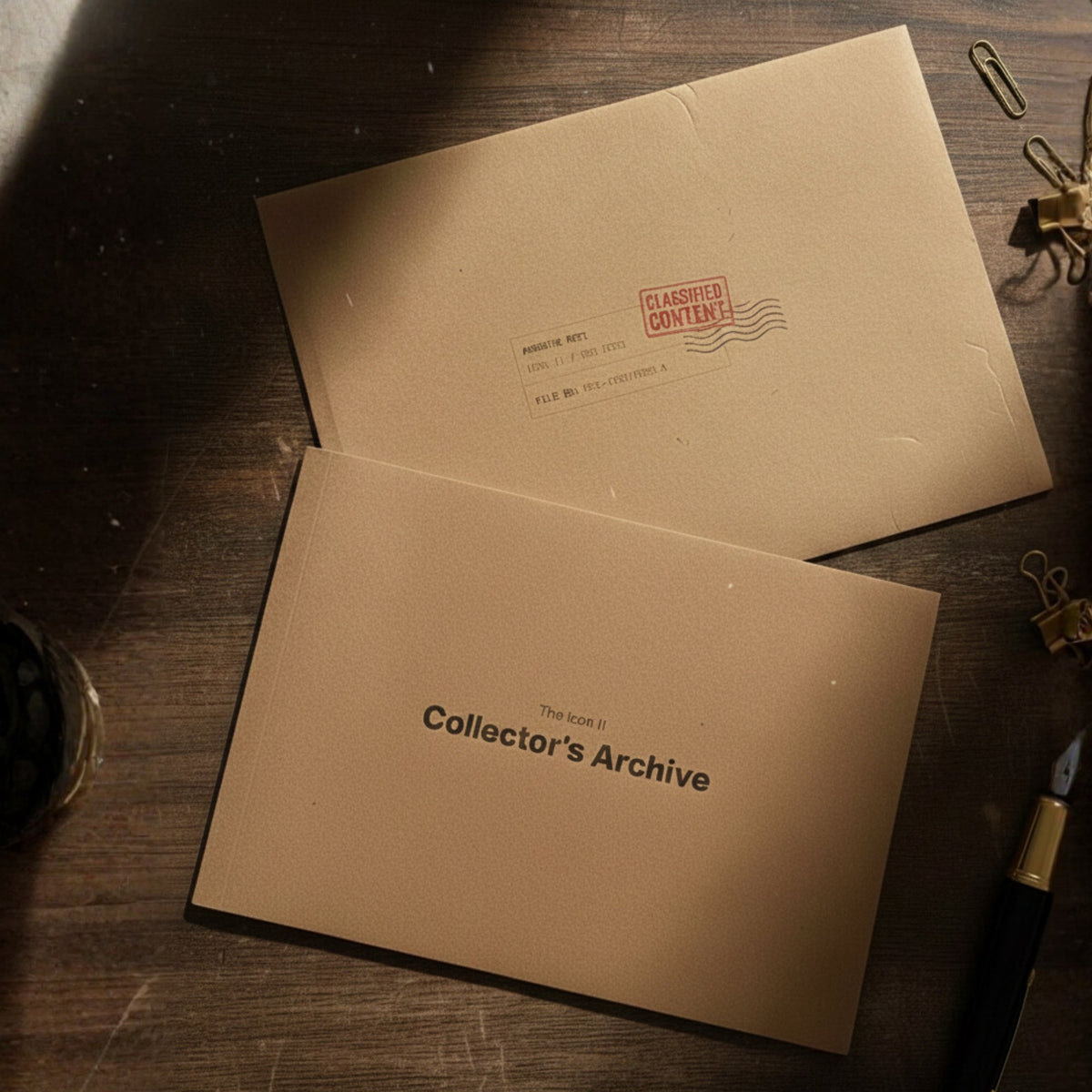 Seagull 1963 Icon II Collector's Archive booklet and kraft envelope on a desk, no watch in frame