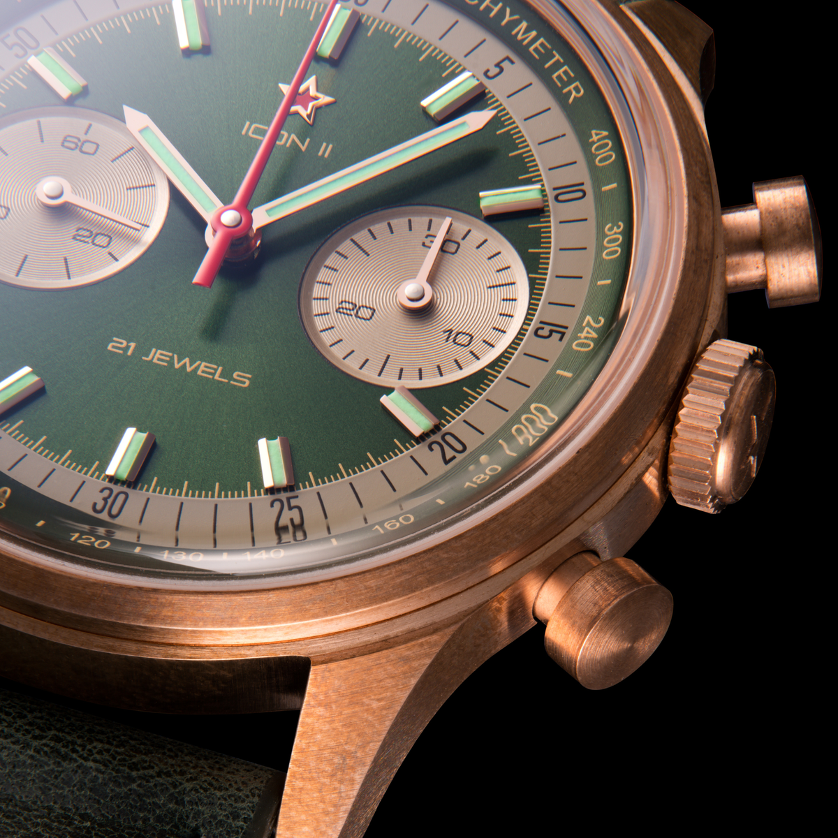 Seagull 1963 Icon II Green dial macro, rose gold hands with lume inserts and the red chronograph hand