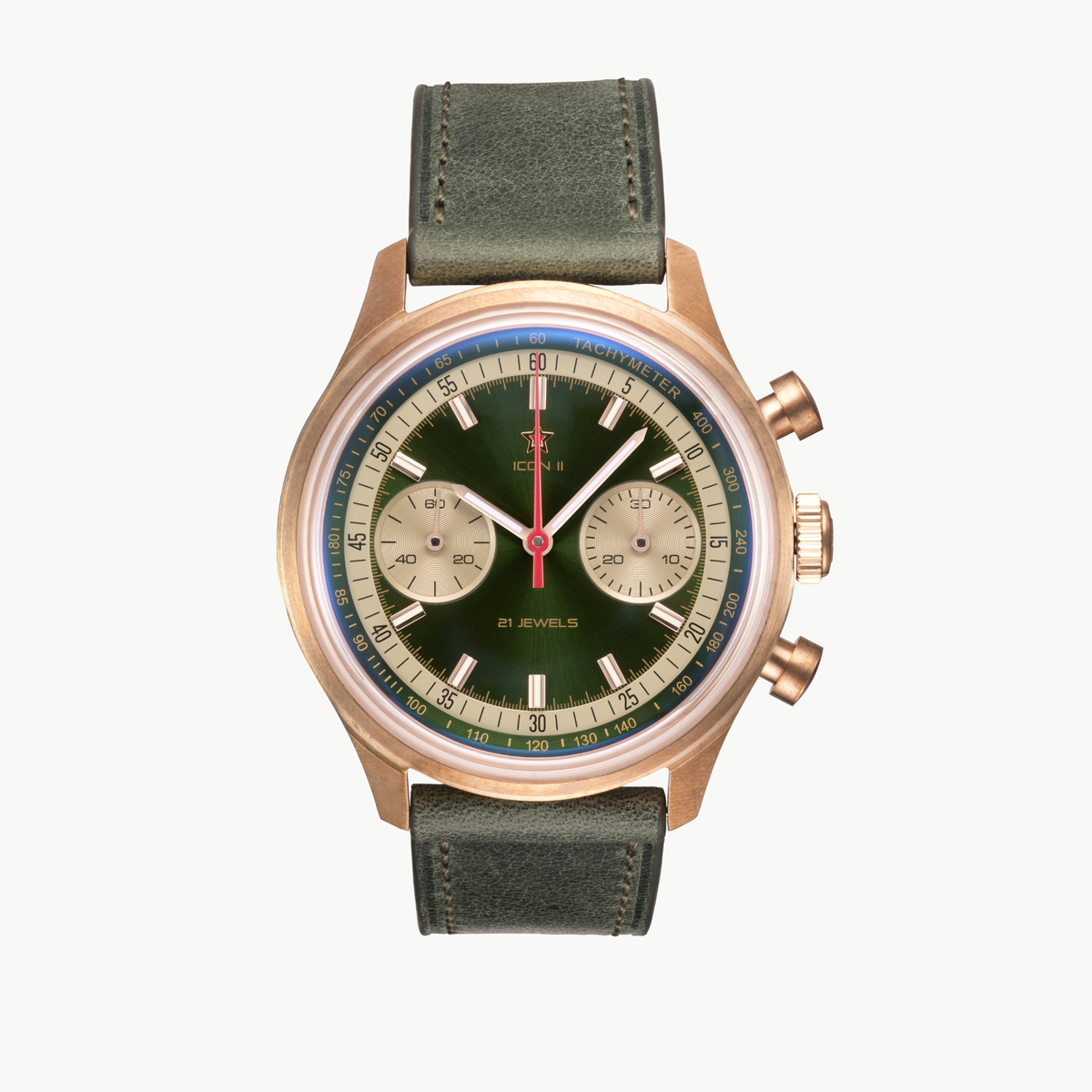 Seagull 1963 Icon II Green front packshot, green sunburst dial, cream minute track, bronze case