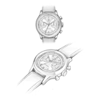 Seagull 1963 Icon II uncoloured pencil sketches of the watch on a strap, front and angled