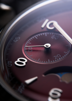Seagull 1963 Legacy Burgundy dial macro at the running seconds counter, wedge marker and minute track
