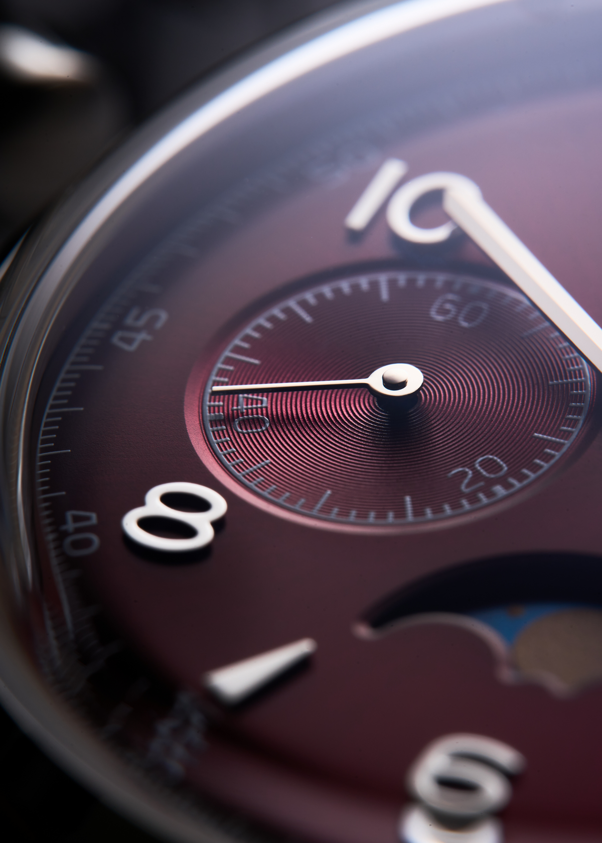 Seagull 1963 Legacy Burgundy dial macro at the running seconds counter, wedge marker and minute track