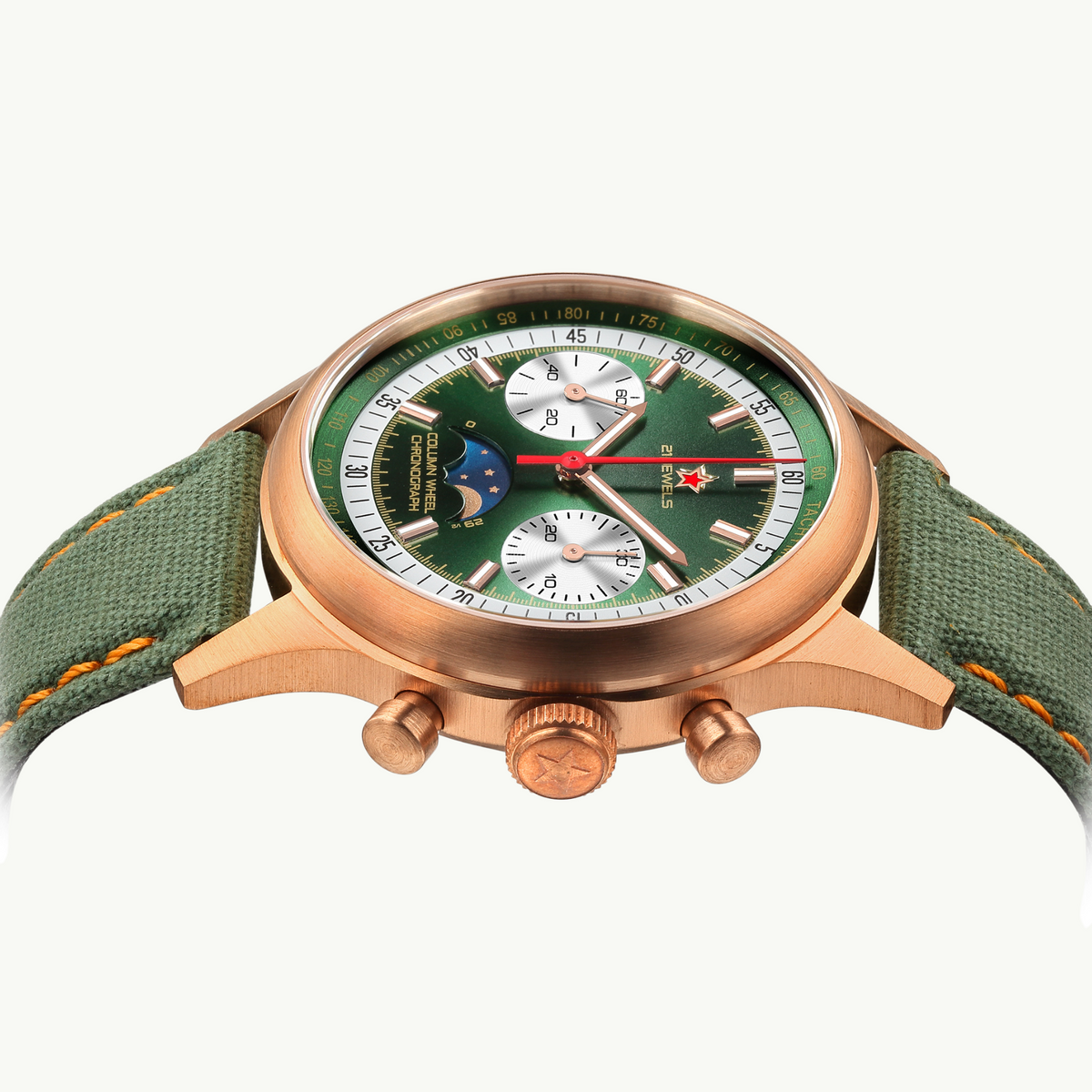 Seagull 1963 The Icon bronze angled packshot showing the raised boxed crystal and brushed flank