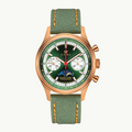 Seagull 1963 The Icon bronze front packshot, green step dial, moonphase at 6, green canvas strap