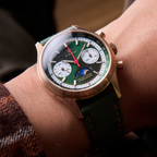 Seagull 1963 The Icon bronze on the wrist, dial angled, moon disc and rose gold batons in view