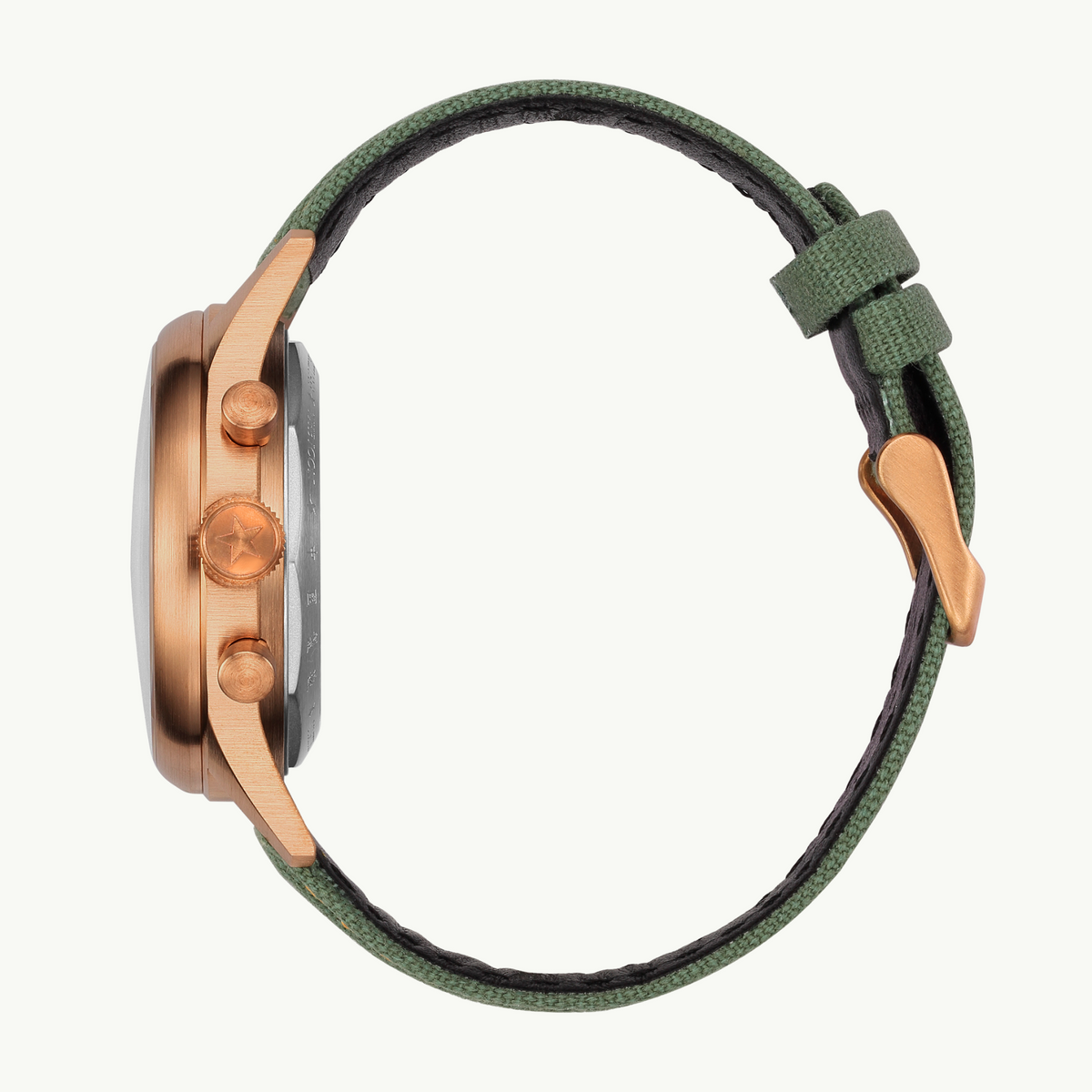 Seagull 1963 The Icon bronze side profile with the strap looped as if worn, star crown in view