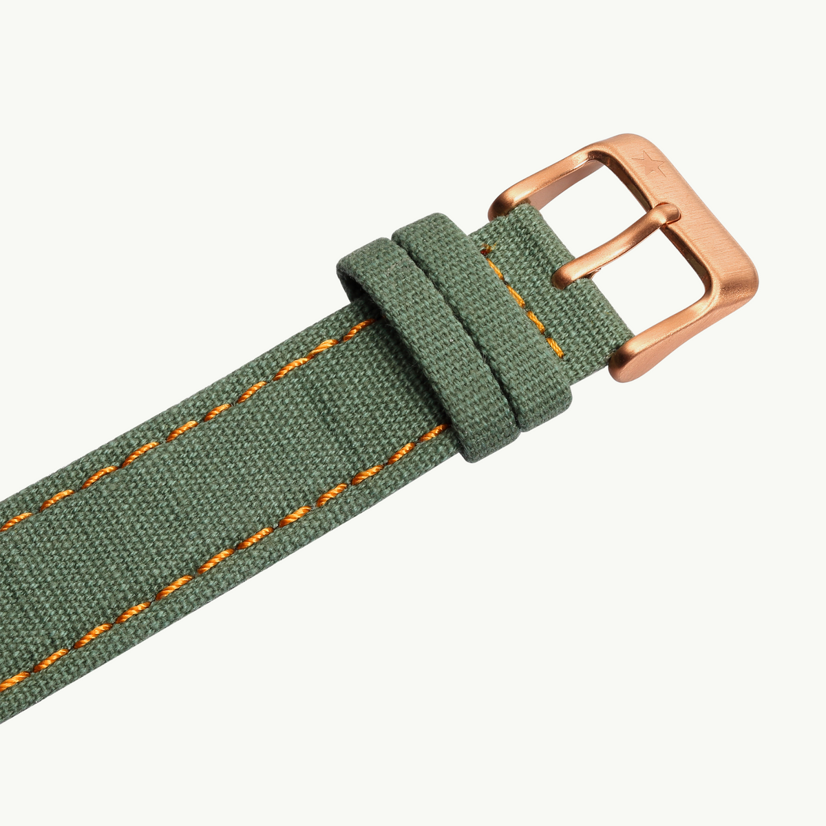 Seagull 1963 The Icon bronze strap close-up, green canvas with orange stitching and fabric keepers