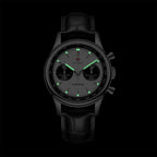 Seagull 1963 White Panda 40mm in the dark, hour markers and the hour and minute hands glowing green