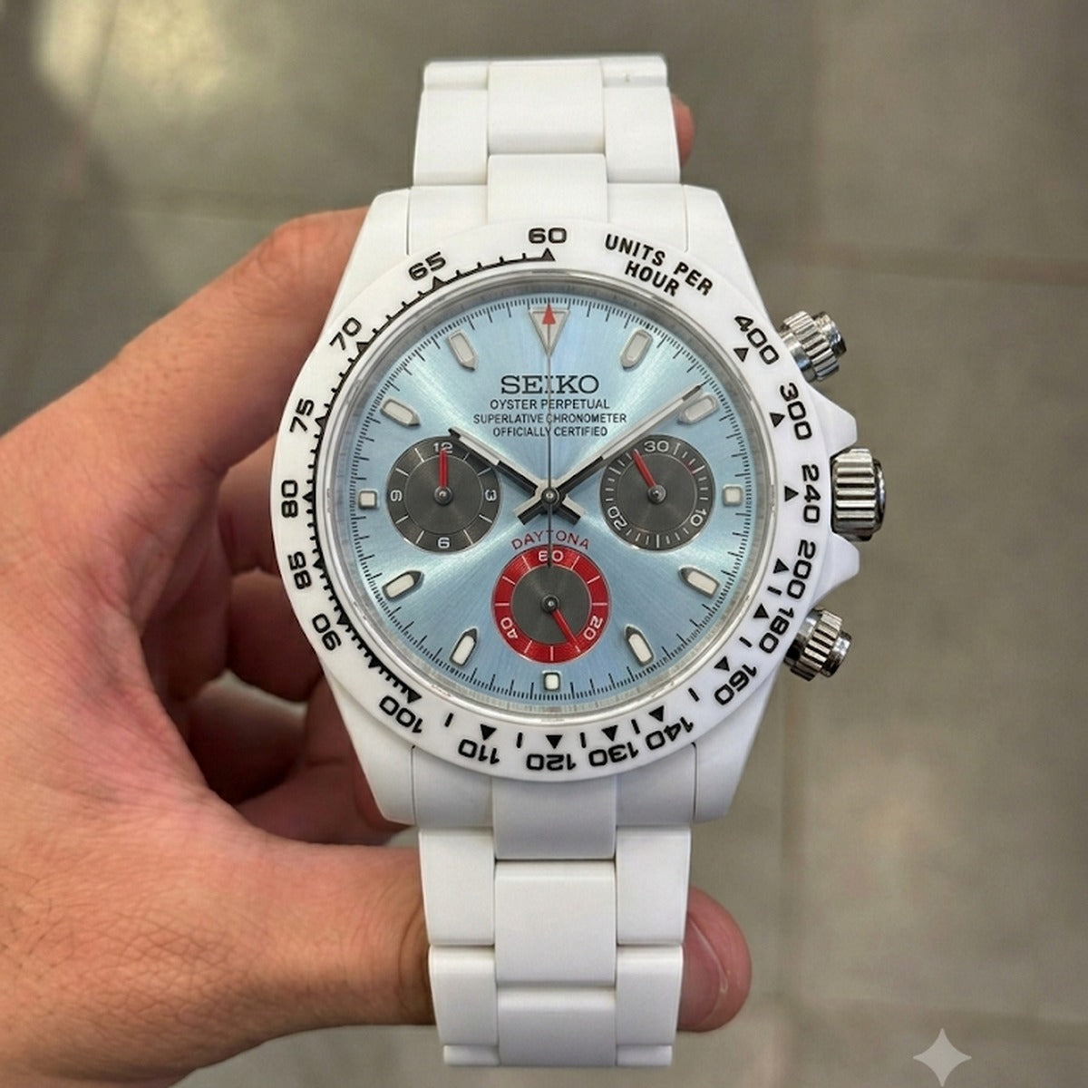 SEITONA ice blue white ceramic chronograph Seiko mod watch