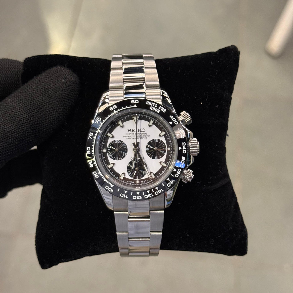 SEITONA Panda Noir chronograph Seiko mod watch, front